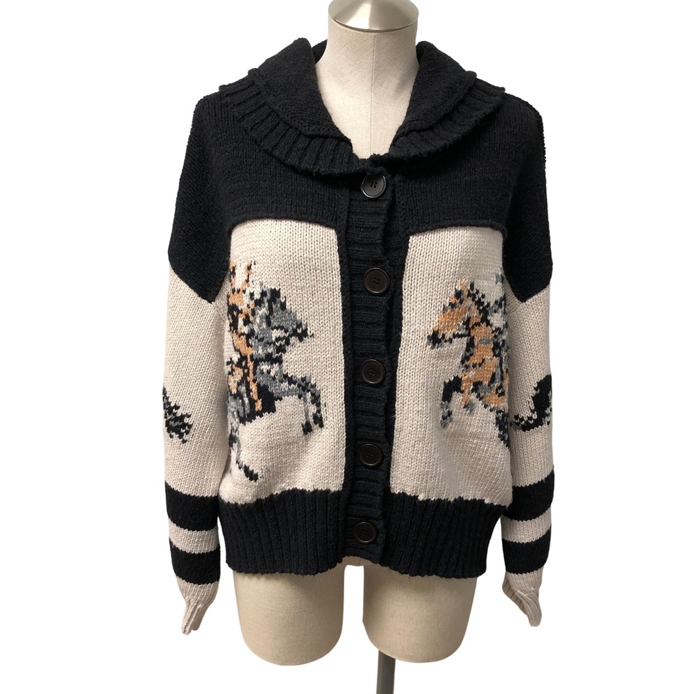 Pilcro Cardigan Womens Medium Black Horse Intarsia Shawl Collar Sweater Cozy